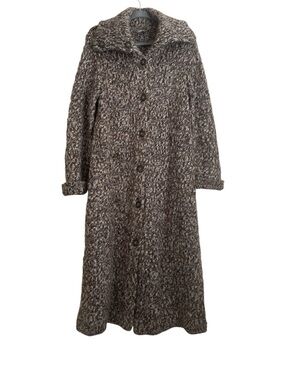 J. Jill Wool Blend Long Knit Cardigan Button Front Collared Brown Blue Cream L